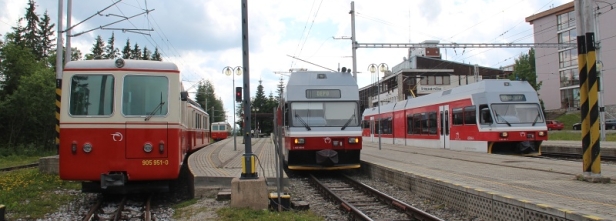 Stanice Štrbské pleso je důležitým přestupním bodem mezi ozubnicovou železnicí a Tatranskými elektrickými železnicemi. Setkaly se zde ozubnicové jednotky 905 951-0+405 951-5 a 905 953-6+405 953-1 s jednotkami TEŽ 425 958-6+425 951-1 a 425 964-4. | 30.6.2015