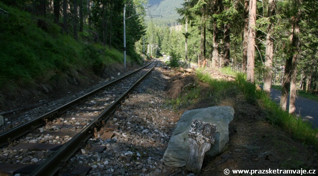 Původní podobu kilometrovníku na tratích Tatranských Elektrických železnic ještě občas najdete ve strouze podél náspu, neslouží již svému účelu, ale pohled na hnijící dřevěný základ opatřený litinovou deskou s plastickou číslicí je úchvatný | 21.8.2008