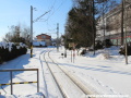 Zasněžená trať v Tatranské Lomnici, pod sněhem neviditelnou druhou kolej prozrazuje pouze vyčnívající přestavník výhybky. | 29.1.2012
