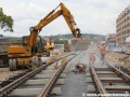 Přechod tratě zřízené metodou w-tram do klasické konstrukce na příčných pražcích ve štěrkovém loži. | 20.7.2012
