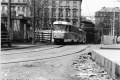 Souprava vozů T3 vypravená na linku 11 překonává provizorní přeložku tramvajové tratě z Opletalovy ulice. | 1976