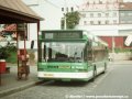 Na autobusech typu Neoplan často zlobil informační systém. V zastávce Českomoravská se tak podařilo vyfotografovat vůz ev.č.3001 na lince 151. Informační panel ukazuje samé zmatené texty | 17.7.1997