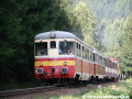 Zvláštní vlak sunutý ozubnicovou lokomotivou T426.001 v čele s motorovým vozem 820.056-0 stoupá k zastávce Kořenov. | 11.9.2011