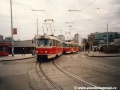 Souprava vozů T3 ev.č.6976+6973 vypravená na linku 23 opustila zastávku Strašnická. | 7.11.2001
