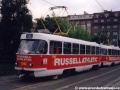 Souprava vozů T3SUCS ev.č.7242+7243 na záložním vlaku X manipuluje na vnější koleji smyčky Olšanský hřbitovy. | červen 1996