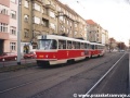 Souprava vozů T3M ev.č.8039+8055 vypravená na linku 8 odstavená na předjízdné koleji Podbaba. | jaro 1999