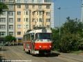 Vůz T3M2-DVC ev.č.8068 vypravený na linku 19 manipuluje na vnitřní koleji smyčky Olšanské hřbitovy. | 28.5.2005