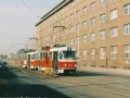 V zastávce Mostárna stanicuje souprava vozů T3M ev.č.8070+8105 vypravená na linku 12. | 22.2.2003