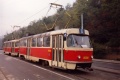 Souprava původních vozů T3M #8088+8089 vypravená na linku 8 stanicuje v zastávce Čechův most. | podzim 1995