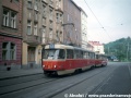 Souprava vozů T3 #6472+#6475 vypravená na linku 18 manipuluje v ulici Na Zámecké. | 6.9.1997