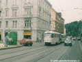 Souprava vozů T3 #6600+#6601 na lince 23 projíždí ulicí Na Zámecké k Náměstí Bratří Synků. | 12.8.1998